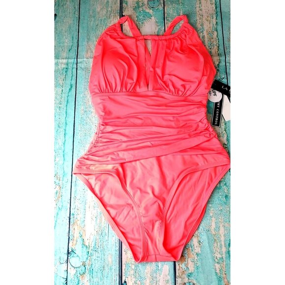 LA BLANCA One Piece Swimsuit 14 Pink Coral MIO Keyhole Tummy Control NEW - Picture 2 of 8